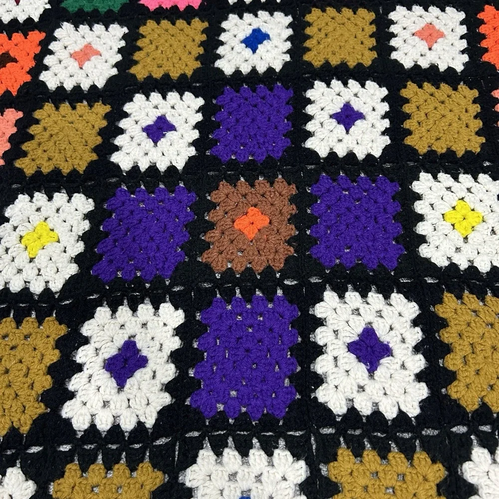Granny Squares Afghan Black Colorful‎ Handmade Crochet Throw Blanket 68x54